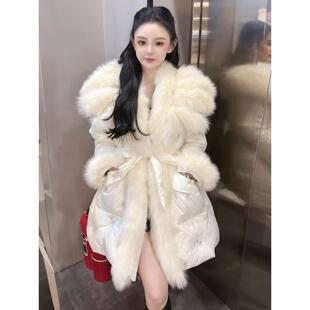 2025冬季新款狐狸毛大毛领中长款羽绒服女士修身收腰显瘦通勤外套