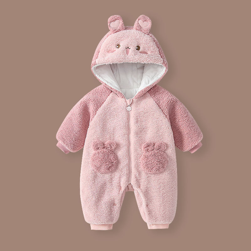 婴儿夹棉连体衣秋冬装女宝宝珊瑚绒加厚哈衣棉衣新生儿外出抱衣