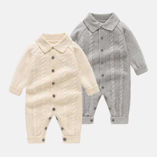 婴儿连体衣秋冬季宝宝POLO领针织毛衣哈衣翻领棉线爬爬服外穿秋装