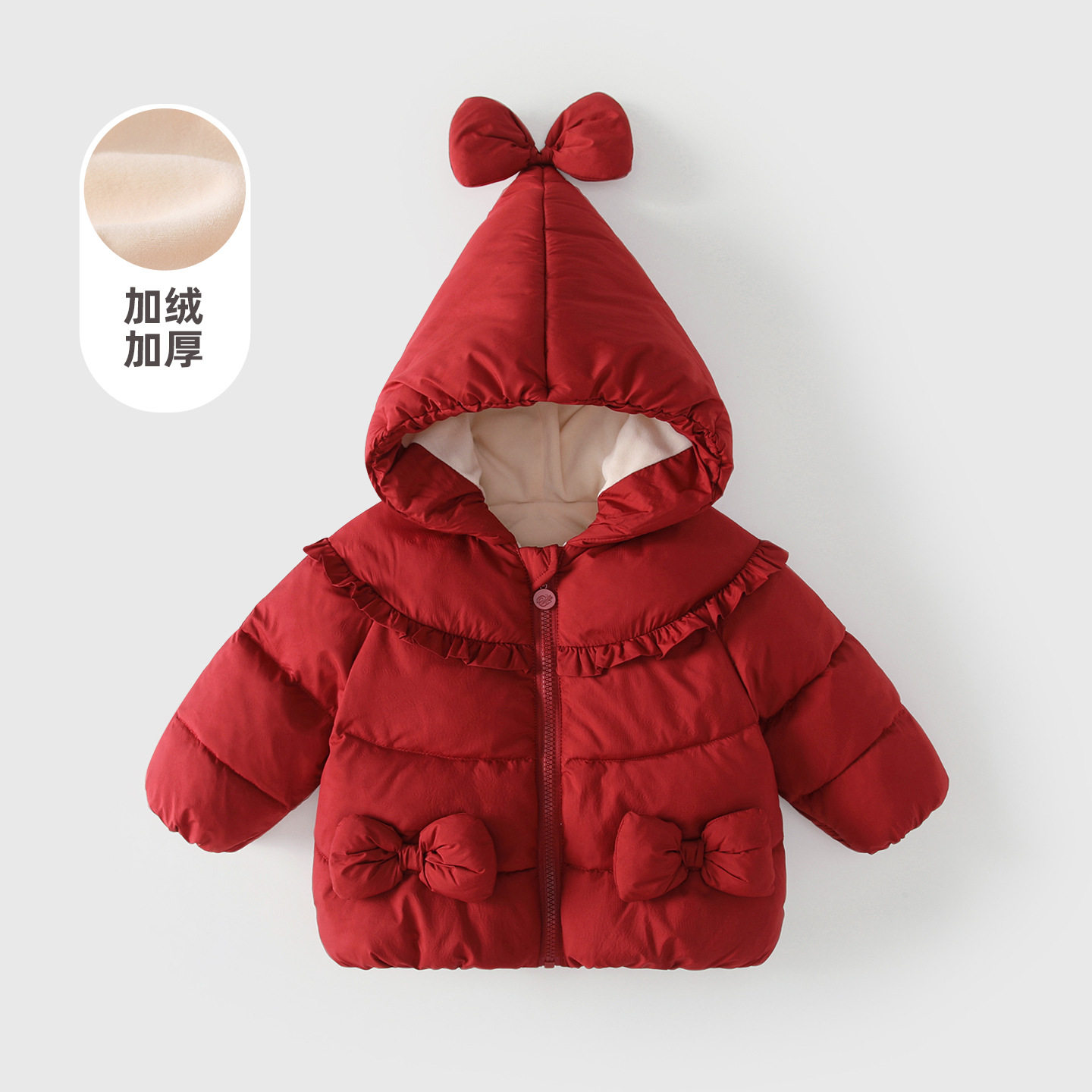 女童红色连帽加厚棉服冬季蝴蝶结加绒保暖外套女宝宝棉袄外出服