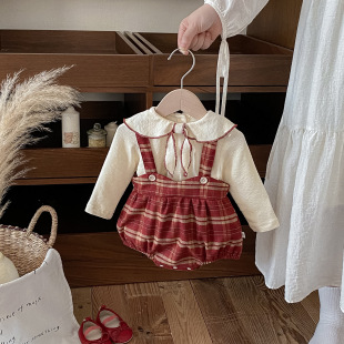 学院风婴儿背带包屁衣春秋季女宝宝可爱红格子背带裤哈衣爬服套装