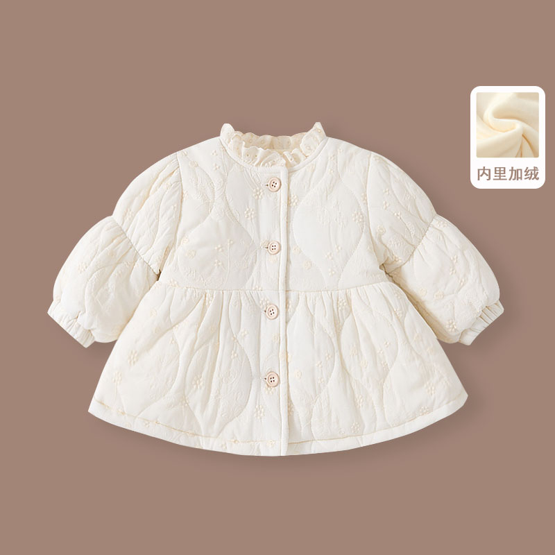 婴儿外套秋冬装女宝宝米色中长款洋气高腰线棉衣女童棉袄棉服外穿