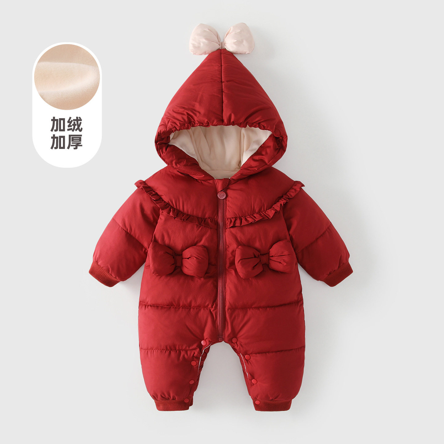 婴儿连体衣女宝宝加绒加厚红色蝴蝶结公主哈衣冬装外出爬服棉服