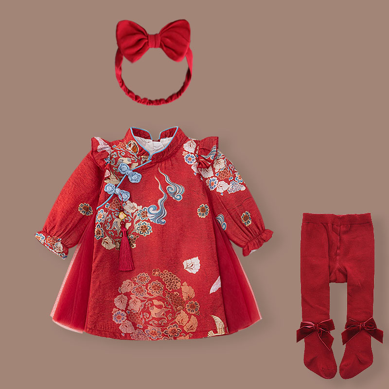 婴儿旗袍公主裙春秋装女宝宝新中式古风唐装女童百日宴周岁礼服裙