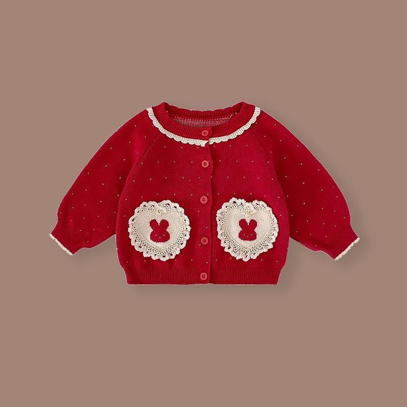 春秋女宝宝红色娃娃领针织开衫毛衣外套花边甜美可爱外出服上衣
