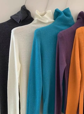 超韩色系！高领羊毛衫女修身显瘦无缝一体100纯羊毛堆堆领打底衫