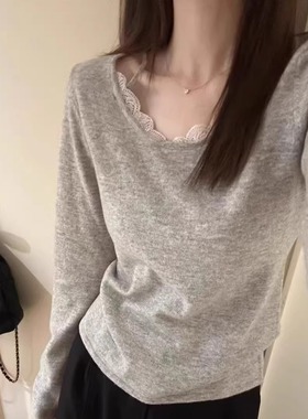 精致内搭 全羊毛钩花蕾丝边针织衫女设计感小众上衣修身内搭秋冬