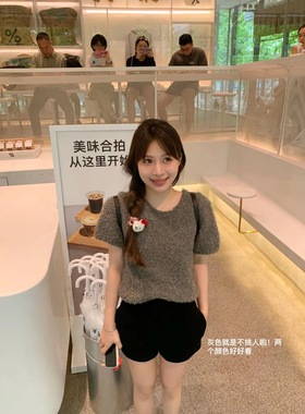 韩国东大门 羊驼绒超气质短袖V领毛衣女针织衫马海毛bee