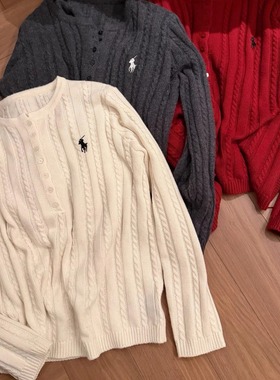 精致慵懒感韩系刺绣麻花纹半开扣圆领羊毛针织开衫女宽松百搭毛衣