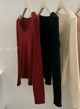 正版高品质纯欲芭蕾U领长袖羊毛修身显瘦打底针织衫毛衣女新款