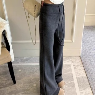 中低腰系带阔腿裤 羊绒垂坠微喇裤 女拖地休闲长裤 秋冬卫裤 子 韩版