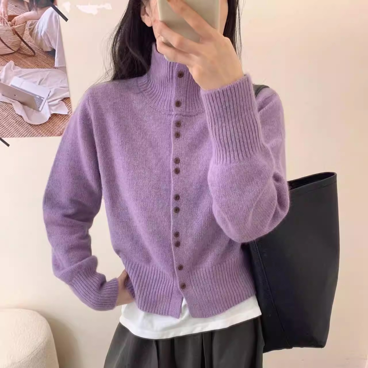 秋冬季排扣高领毛衣针织衫女