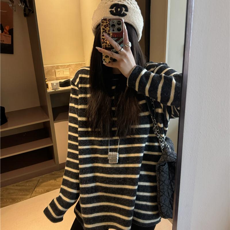 韩系条纹长袖T恤女兔毛绒打底衫