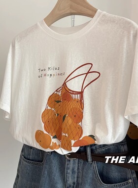 ABLE 橘子图案印花T!字母圆领短袖T恤女设计感宽松显瘦减龄上衣