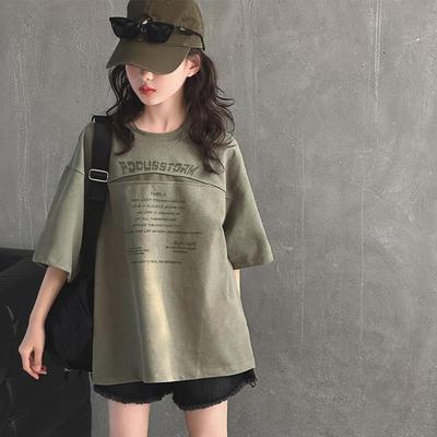 亲子折扣店清仓女童夏T恤中大童军绿色字母印花短袖2025新款宽松