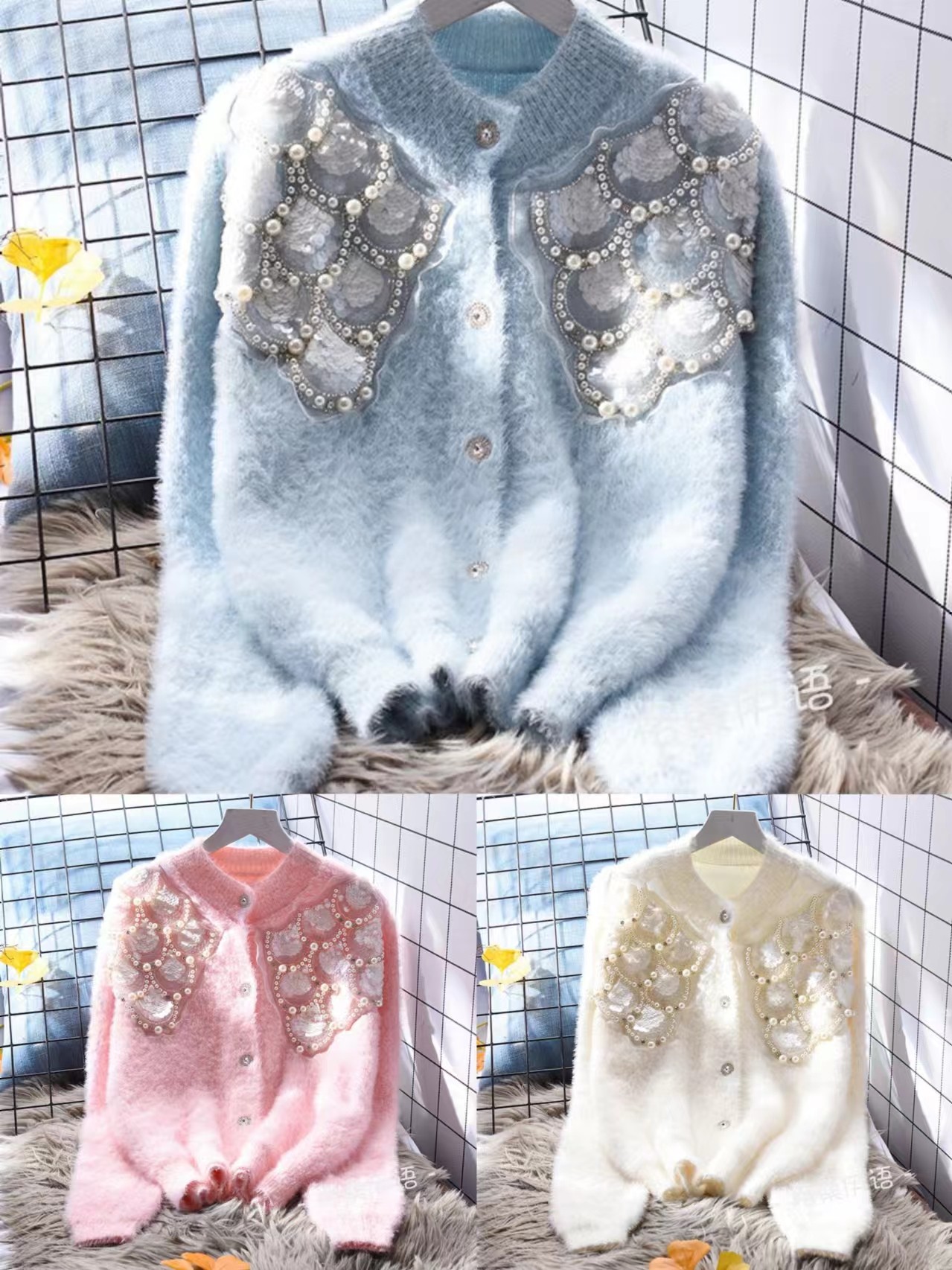 重工钉珠亮片仿貂绒短款毛衣外套女长袖2024秋冬季新款毛针织开衫,女装/女士精品,毛衣,淘宝优惠券,粉丝福利购,淘宝优惠卷