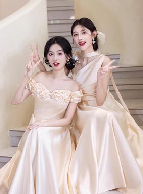 缎面伴娘服2026新款绝美香槟色婚礼姐妹团高级小众平时可穿小个子