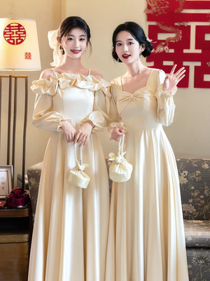 伴娘服礼服女2025新款婚礼姐妹团缎面伴娘裙长袖秋冬季轻奢高级感