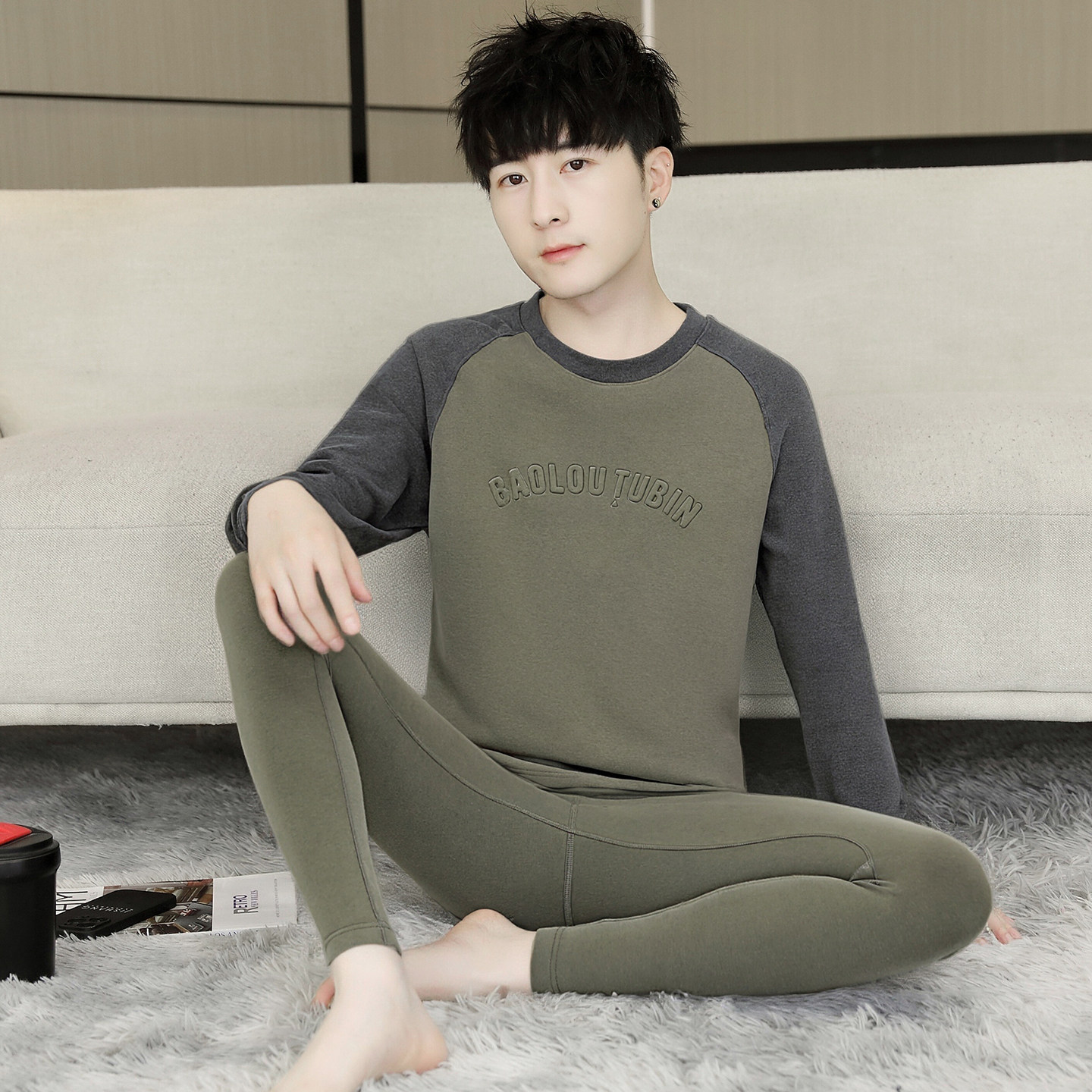 秋冬季德绒保暖内衣男士打底棉毛衫圆领秋衣秋裤加绒套装青年一套