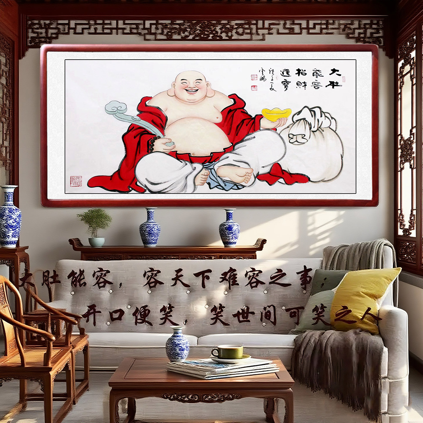 和气生财钟馗弥勒佛菩萨手绘画像入户玄关客厅沙发背景墙装饰挂画