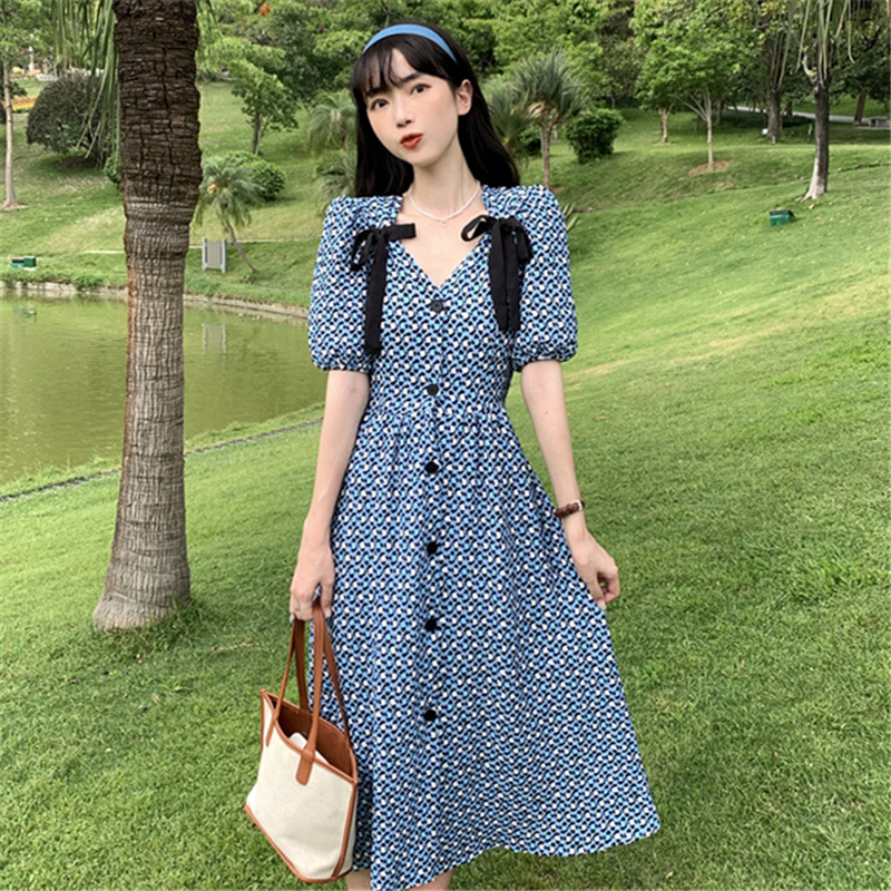 實拍實價  泡泡袖連衣裙女夏季新款法式初戀甜美設計感小眾裙子