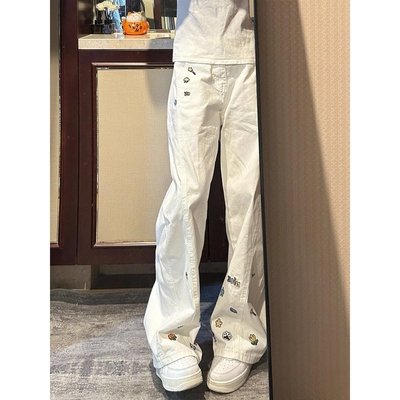卡通刺绣直筒牛仔裤男款秋季美式微喇弯刀裤子高街vibe提裆工装裤