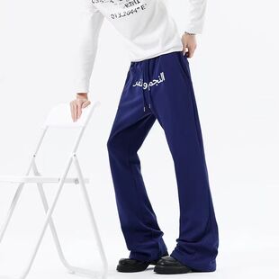 美式阿拉伯文刺绣藏蓝卫裤男女春秋潮牌复古显瘦微喇休闲运动长裤