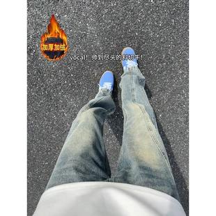 复古水洗斜切牛仔裤 休闲弯刀裤 男窄版 微喇裤 秋冬直筒修身 美式