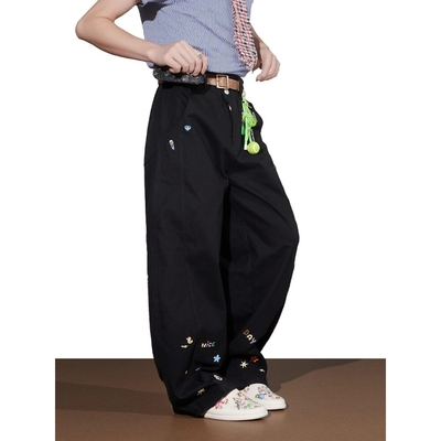 卡通刺绣直筒牛仔裤男款秋季美式微喇弯刀裤子高街vibe提裆工装裤