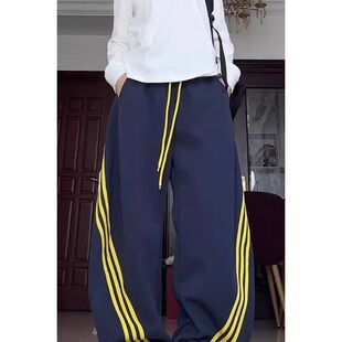 爵士跳舞裤 春季 宽松阔腿垂感弯刀裤 复古三条杠黑色休闲卫裤 子 美式