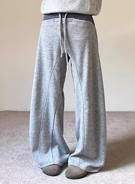 慵懒松弛格子拼接灰色阔腿弯刀卫裤2026春季潮牌男女垂坠感休闲裤