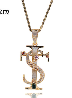 欧美时尚TS十字架吊坠项链男潮百搭铜镶彩色锆石嘻哈潮人同款配饰