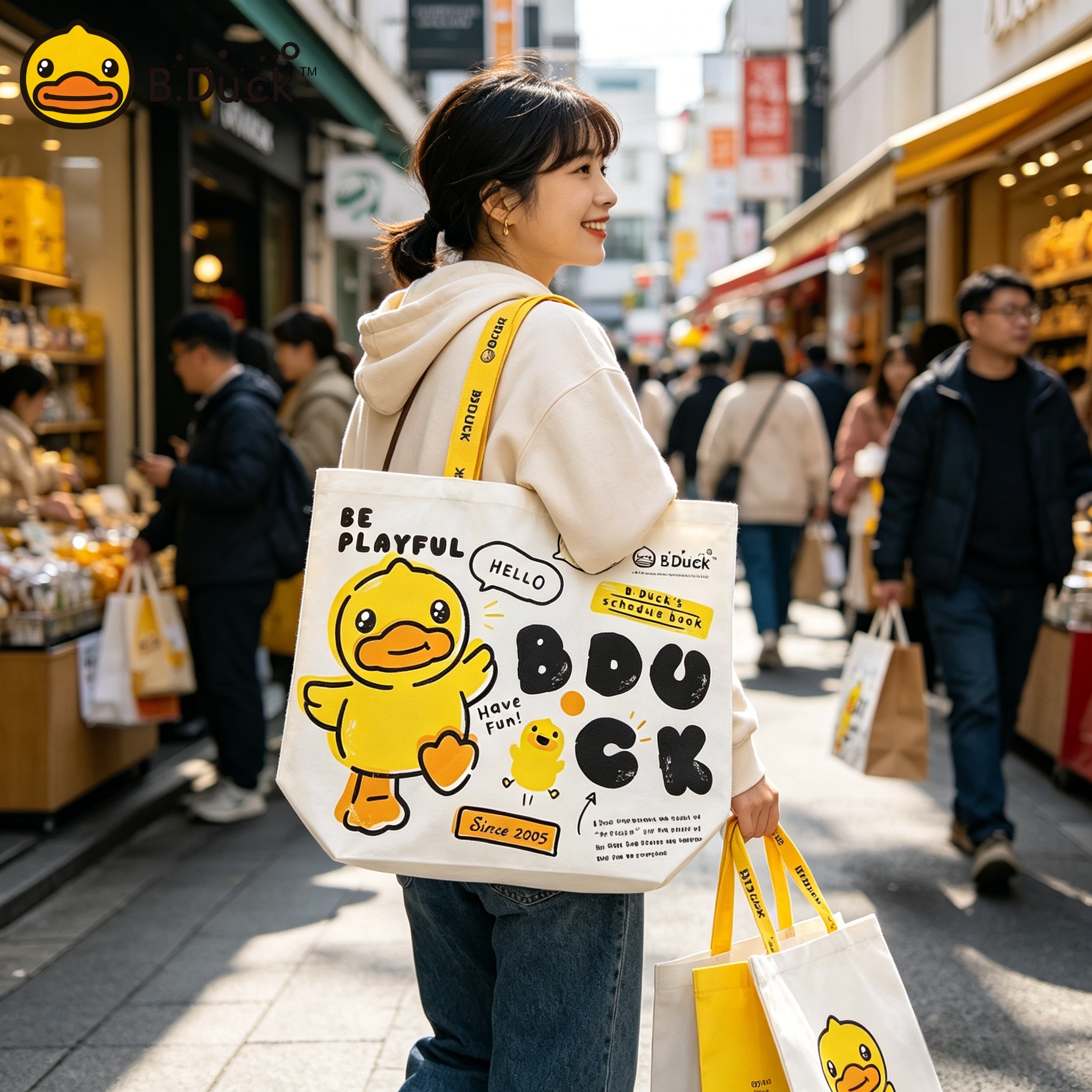 B.Duck小黄鸭购物袋便携折叠单肩手提袋大容量防水超市买菜环保袋