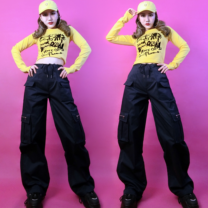 辣妹街头潮人抽绳口袋直筒工装裤