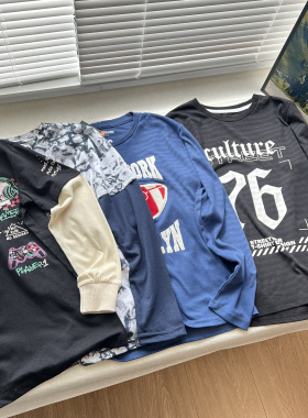 18A儿童男童男孩中大童青少年欧美圆领上衣T恤长袖t恤 130-170