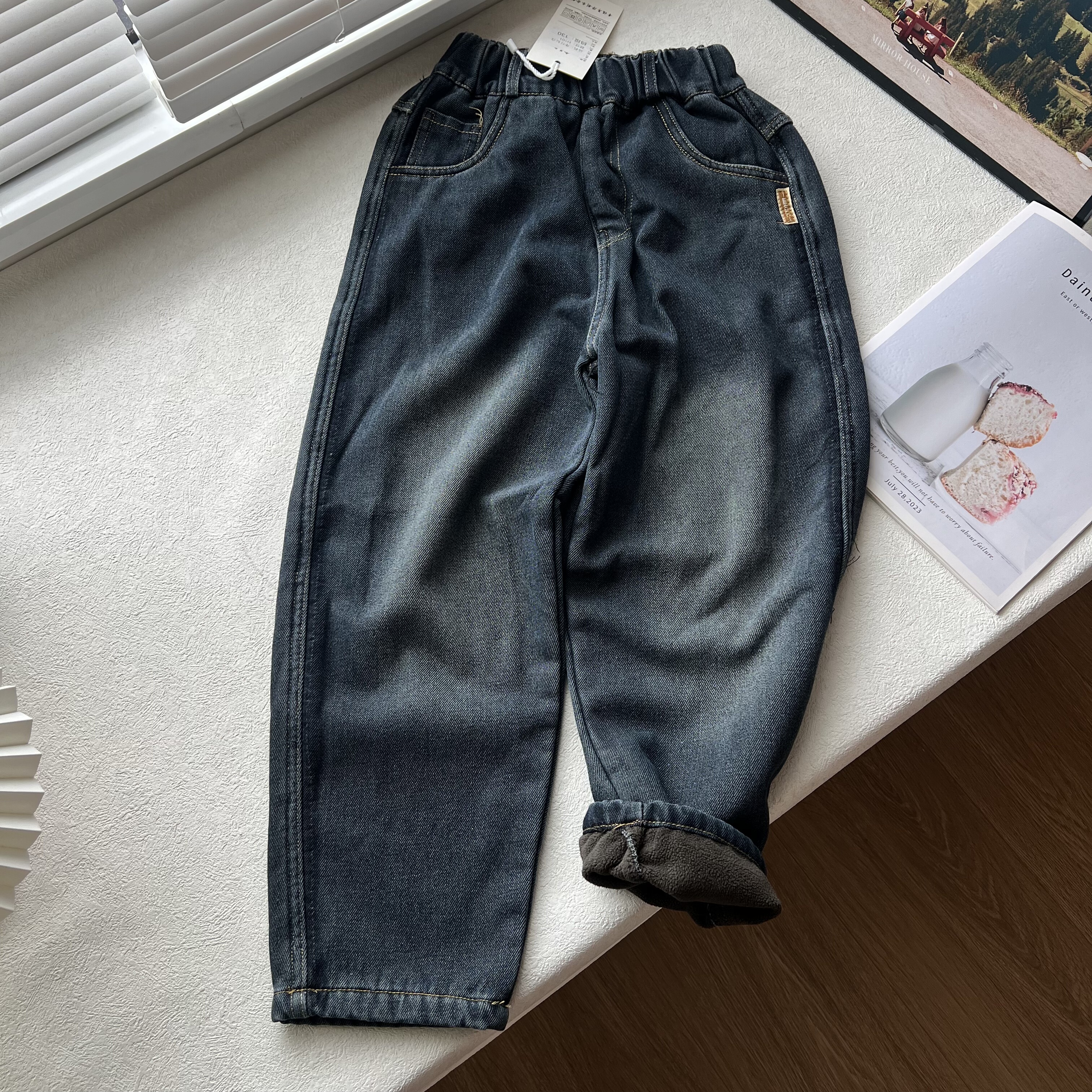 一体绒加厚冬款儿童裤子中大童装宽松休闲长裤 牛仔裤120-170