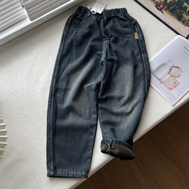 一体绒加厚冬款儿童裤子中大童装宽松休闲长裤 牛仔裤120-170