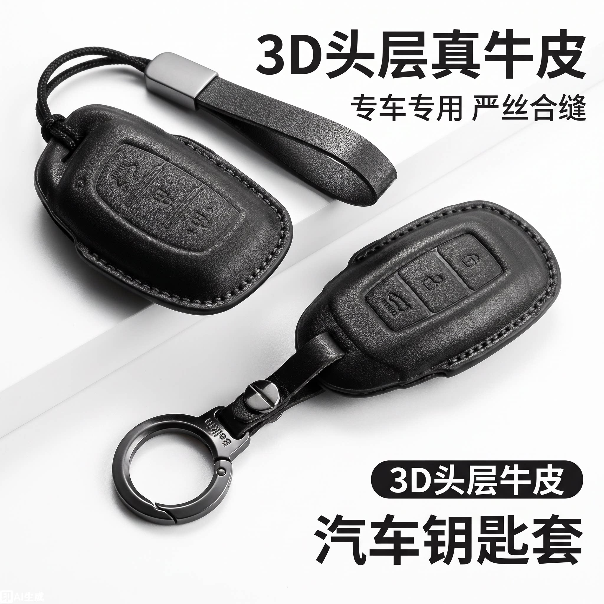 现代真皮全包钥匙套金属环扣