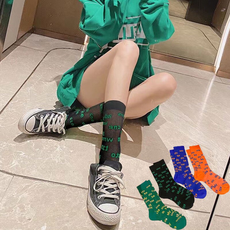半透明渔网不规则字母袜子女潮网红款夏天超火中筒薄款长筒ins风