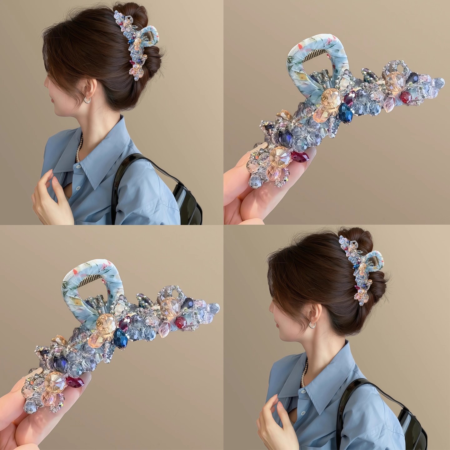 韩版气质水晶花朵发夹后脑勺盘发夹子感轻奢鲨鱼夹大号抓夹女