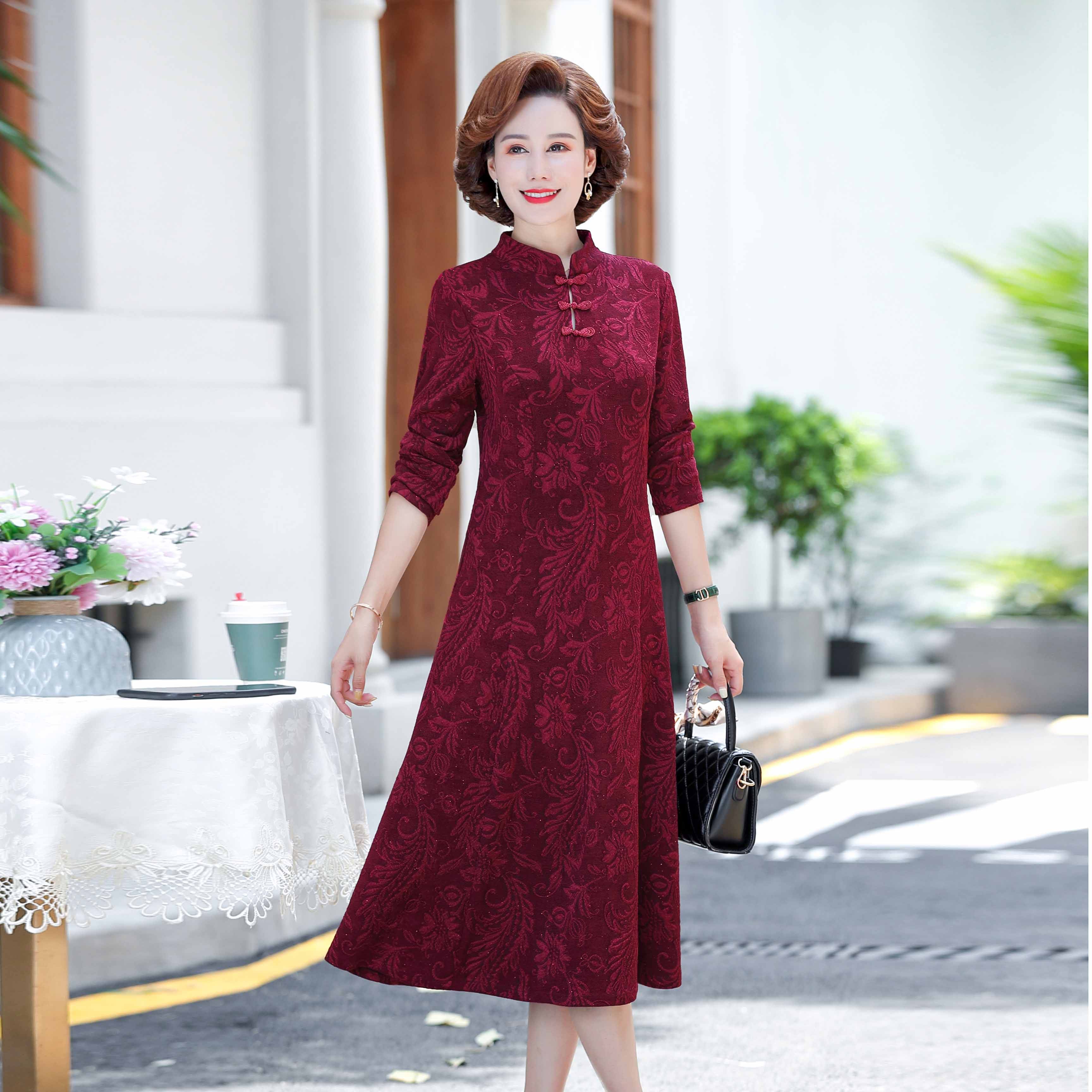 妈妈装中式连衣裙秋冬新款中老年女装改良旗袍加绒喜婆婆婚宴长裙