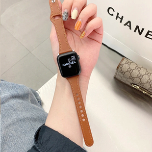 4蘋果表帶 適用蘋果手表表帶iwatch9代真皮小蠻腰蘋果手表簡約瘦身SE表帶apple 女頭層牛皮表帶 watch8