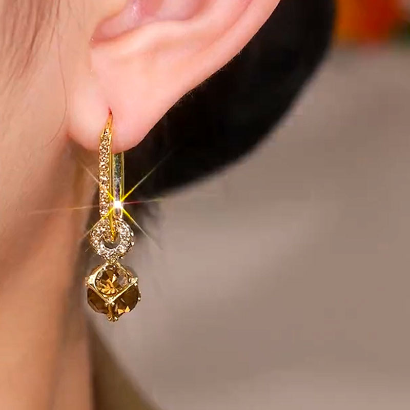 2025爆款精致香槟金色耳钉水晶奢华耳环优雅时尚小众设计名媛耳坠