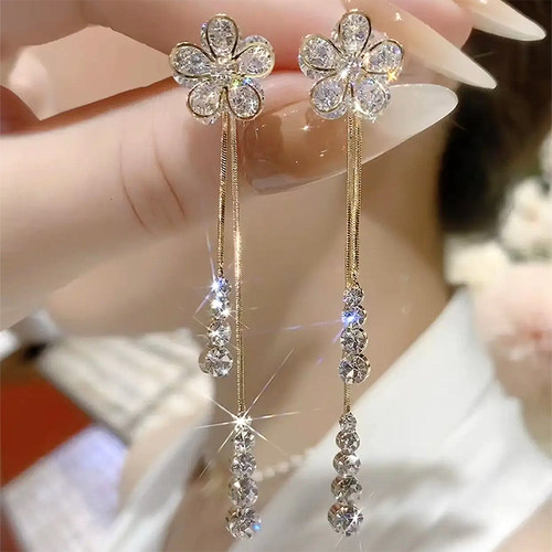 高级感精致锆石花朵流苏耳环