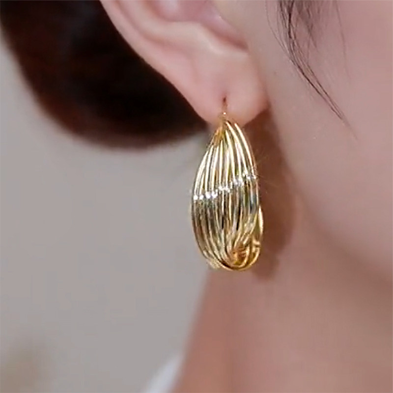 金色耳圈复古气质耳环女高级感港风网红螺旋扭纹纯银针圆圈耳饰潮