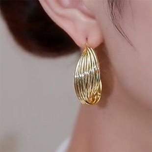 金色耳圈复古气质耳环女高级感港风网红螺旋扭纹纯银针圆圈耳饰潮