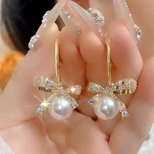 网红流行新款金色蝴蝶结珠珠挂钩素雅百搭小众设计耳环高级感耳饰