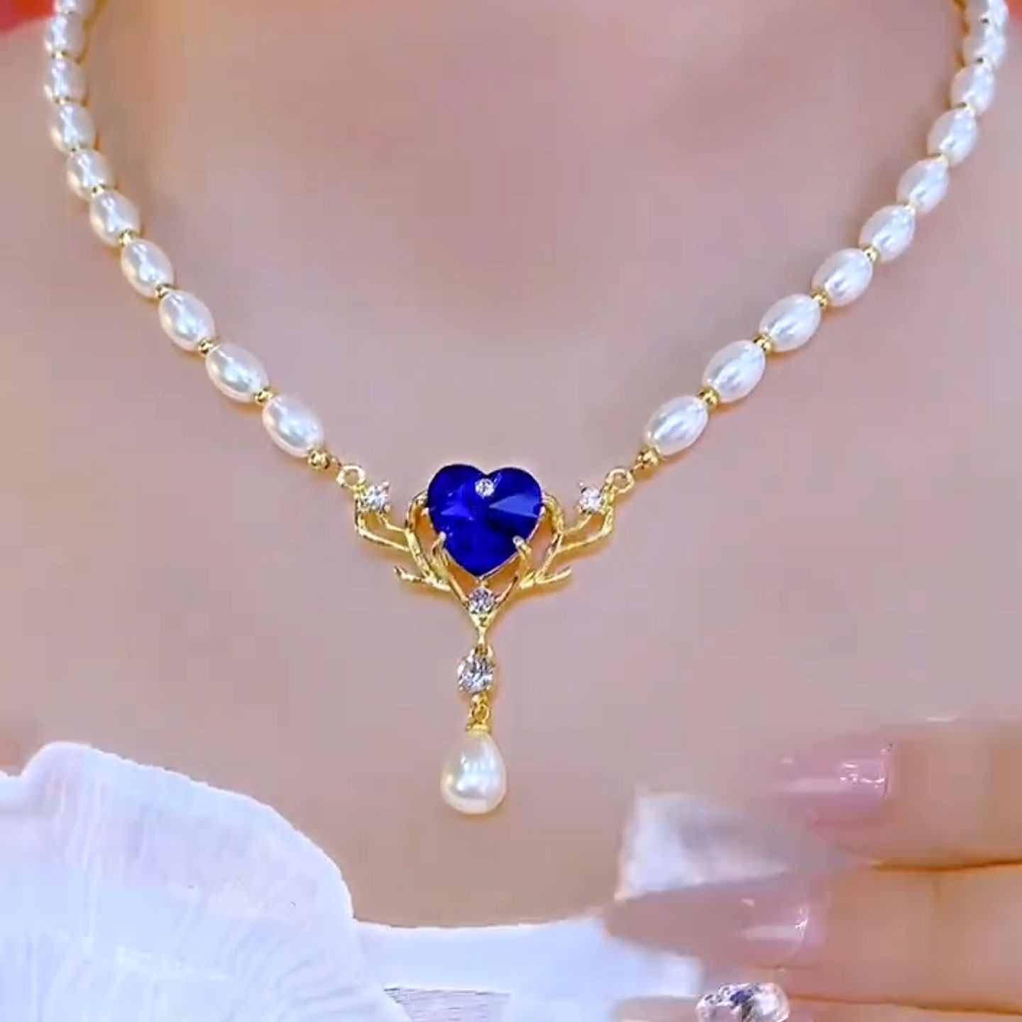 海洋之恋蓝色爱心珍珠项链女神范