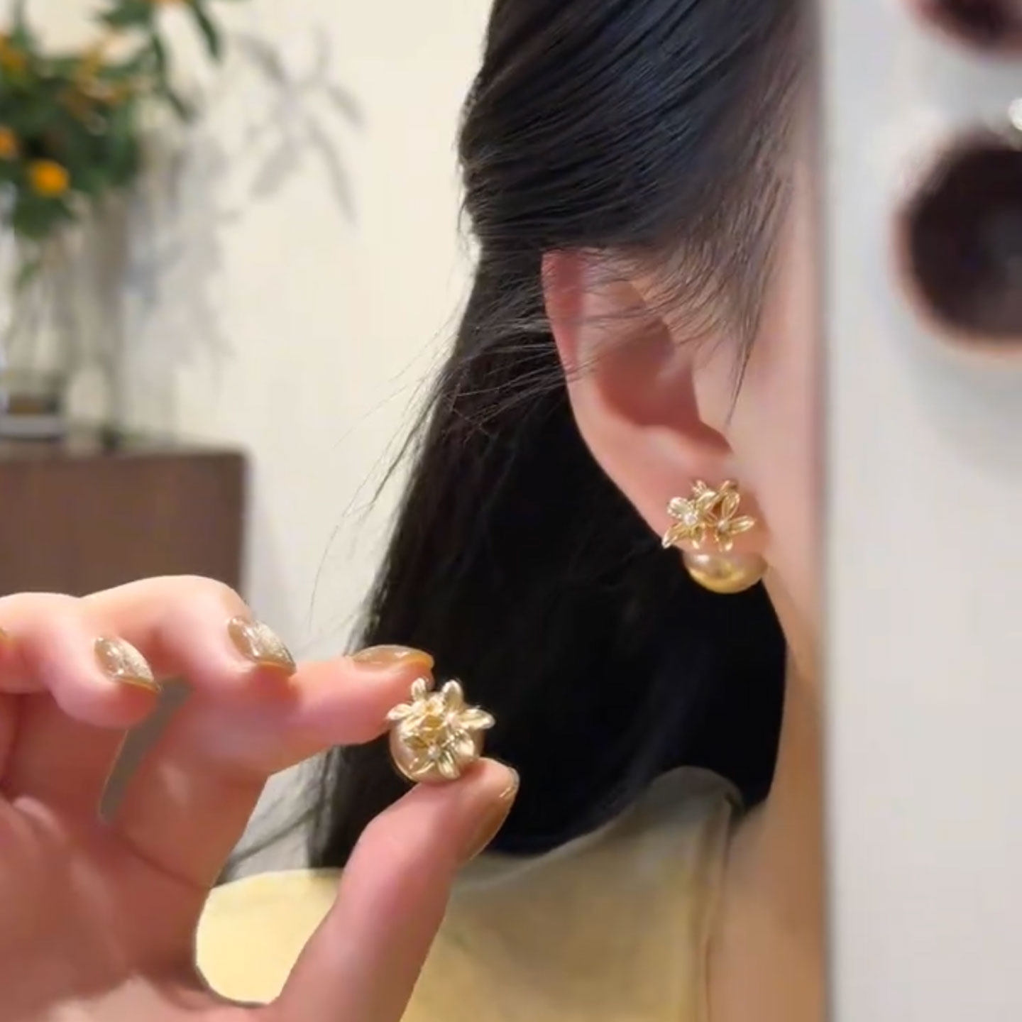 法式复古轻奢金色桂花珍珠耳钉女高级感百搭气质甜美花朵造型耳环
