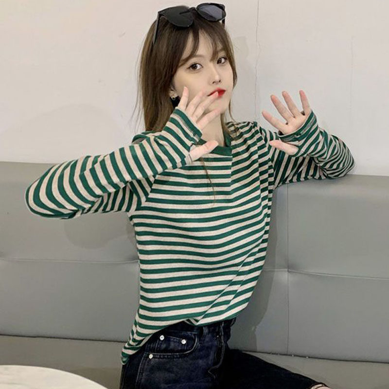 半截手套条纹长袖体恤女大码勾指上衣春秋拇指洞秋衣护手指打底衫